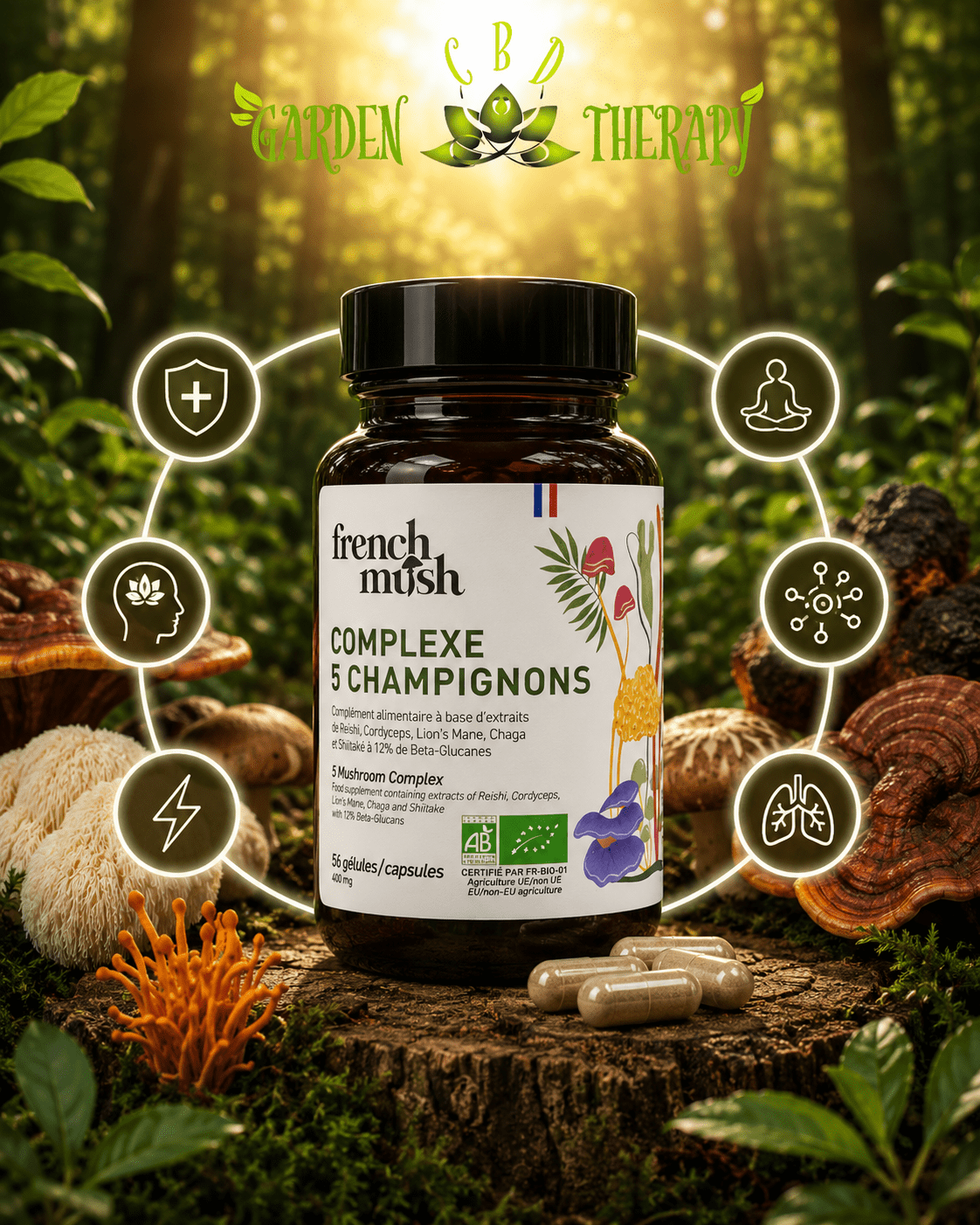 Gélules Complexe 5 Champignons — Énergie, Immunité & Clarté Mentale