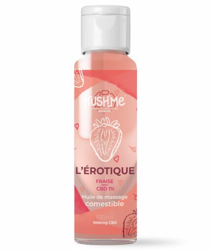 flacon d'huile de massage comestible "l'érotique" saveur fraise CBD 1% de la marque Hush Me 100ml