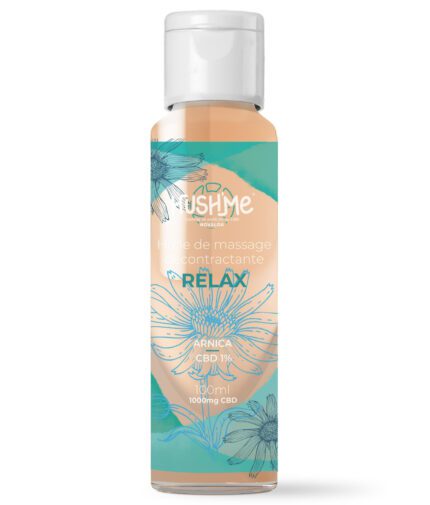 flacon d'huile de massage décontractante CBD 1% arnica "Relax" de la marque Hush Me
